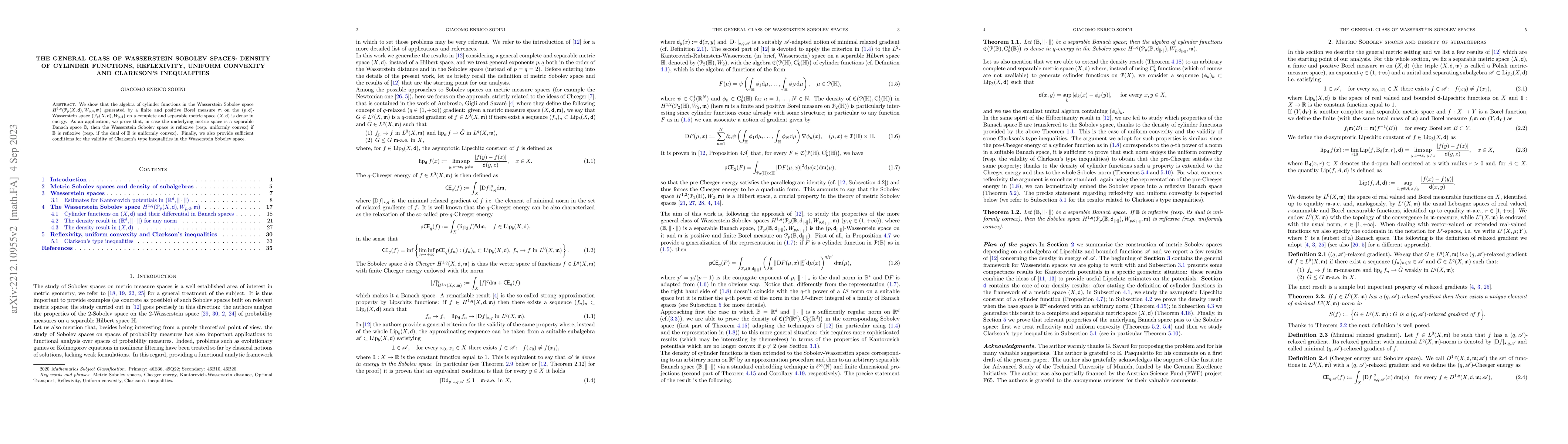 Thumbnail for The general class of Wasserstein Sobolev spaces: density of cylinder
  functions, reflexivity, uniform convexity and Clarkson's inequalities