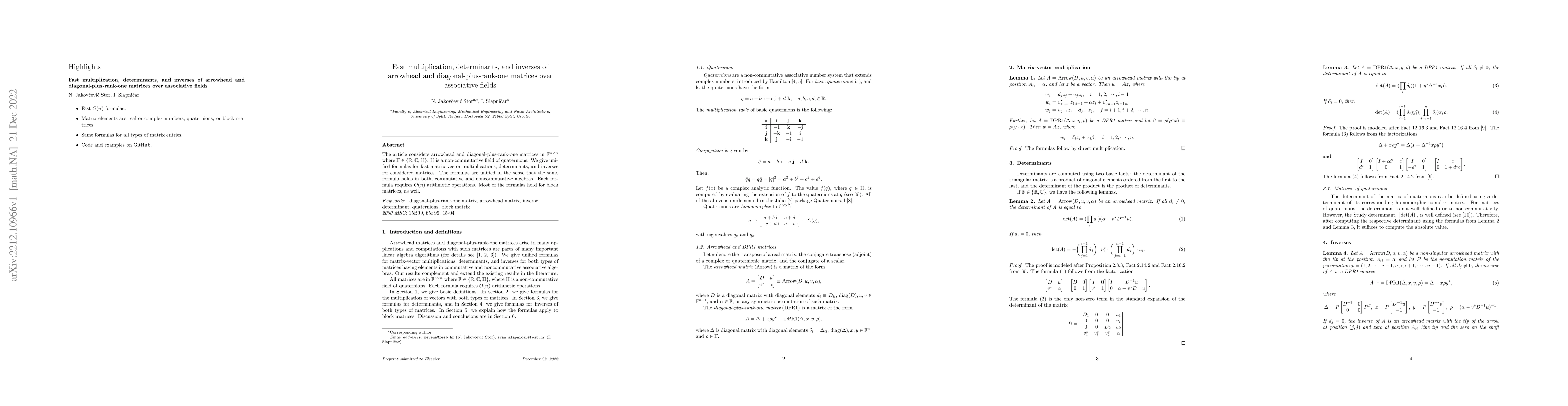 Thumbnail for Fast multiplication, determinants, and inverses of arrowhead and
  diagonal-plus-rank-one matrices over associative fields
