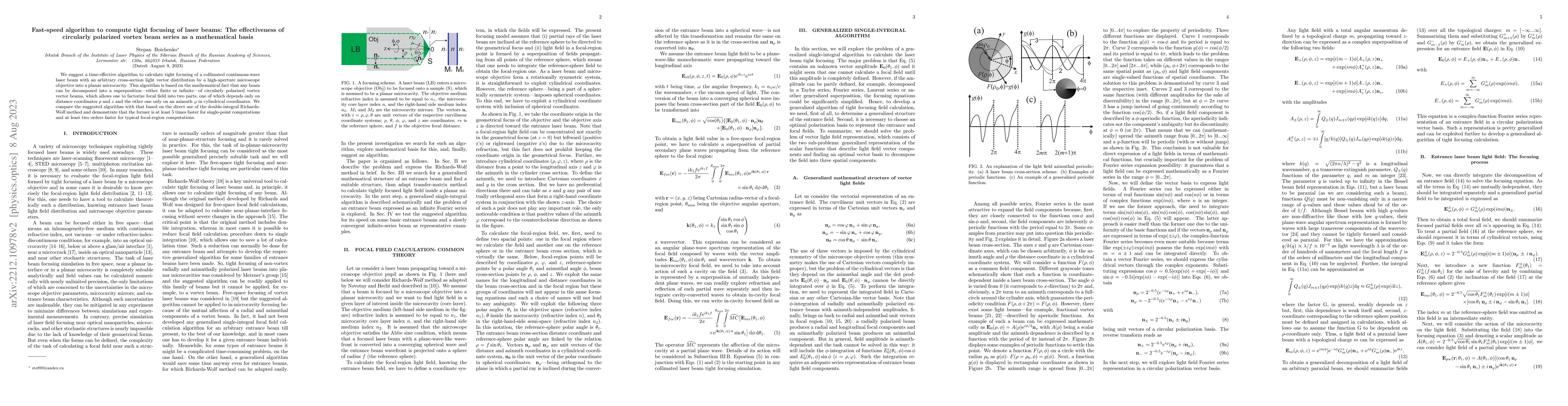 Thumbnail for Fast-speed algorithm to compute tight focusing of laser beams: The
  effectiveness of circularly polarized vortex beam series as a mathematical
  basis