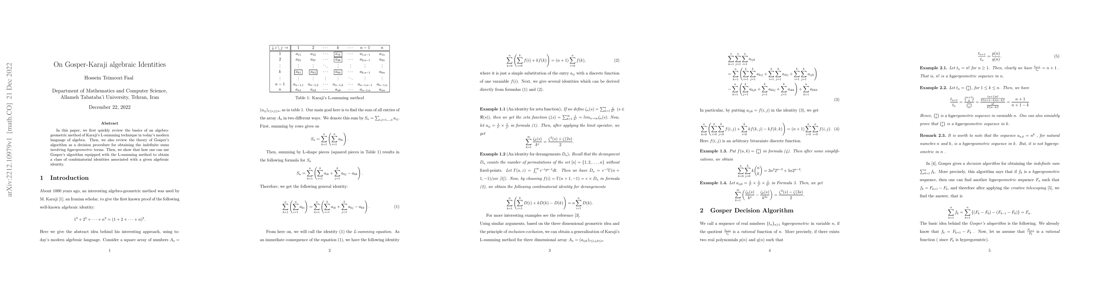 Thumbnail for On Gosper-Karaji algebraic Identities