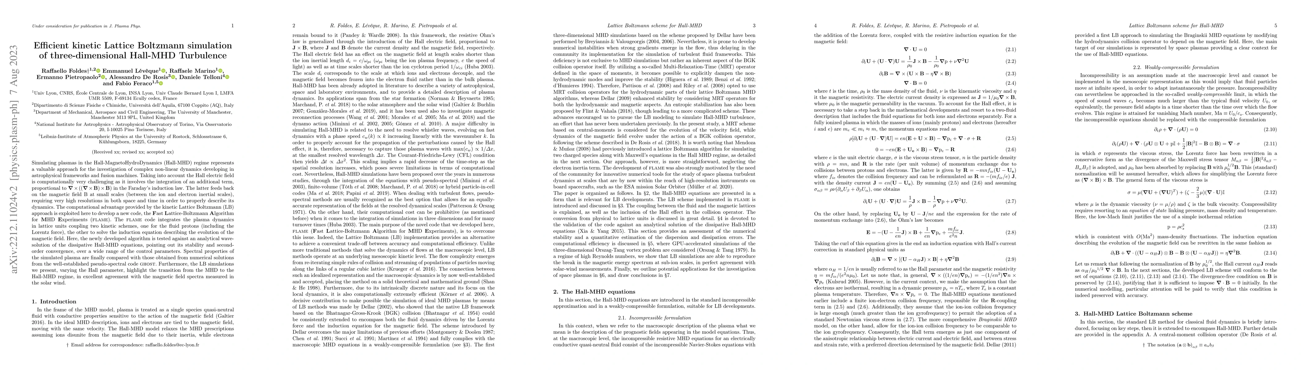Thumbnail for Efficient kinetic Lattice Boltzmann simulation of three-dimensional
  Hall-MHD Turbulence