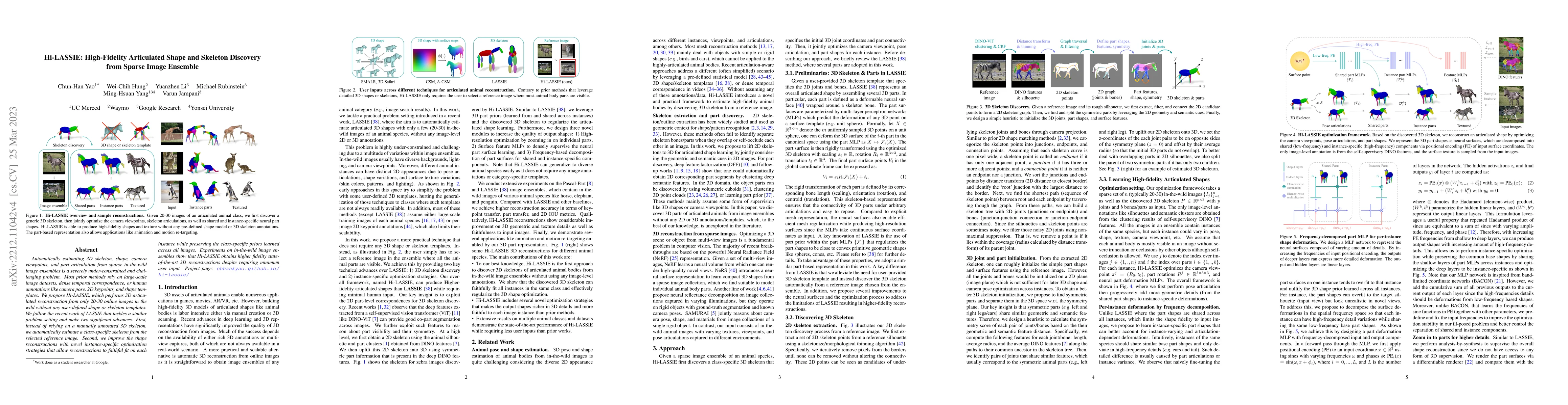 Thumbnail for Hi-LASSIE: High-Fidelity Articulated Shape and Skeleton Discovery from
  Sparse Image Ensemble