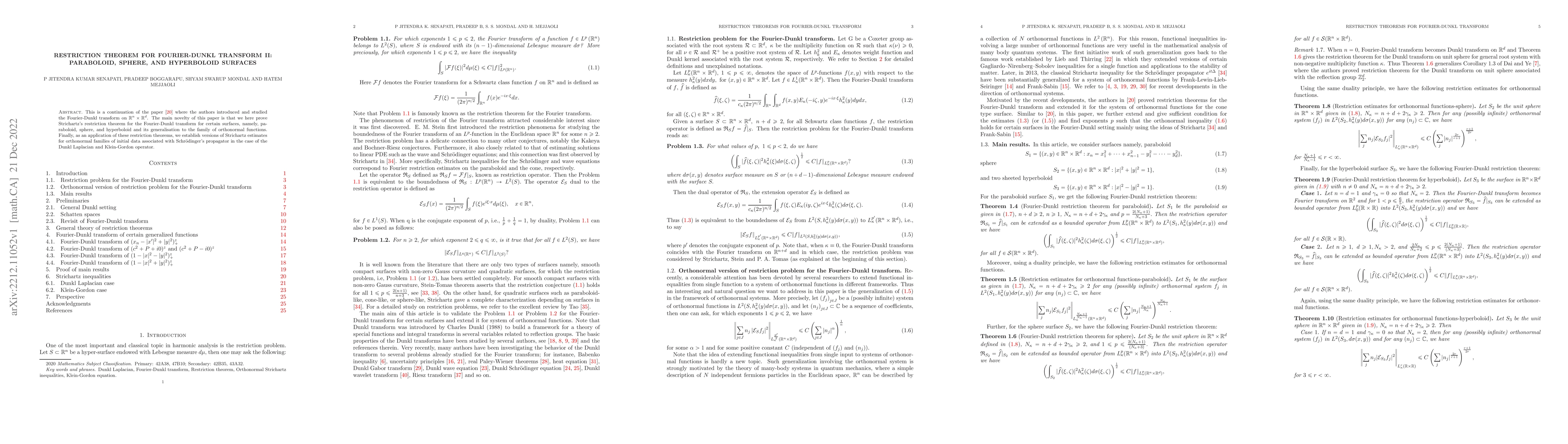 Thumbnail for Restriction theorem for Fourier-Dunkl transform II: Paraboloid, sphere,
  and hyperboloid surfaces