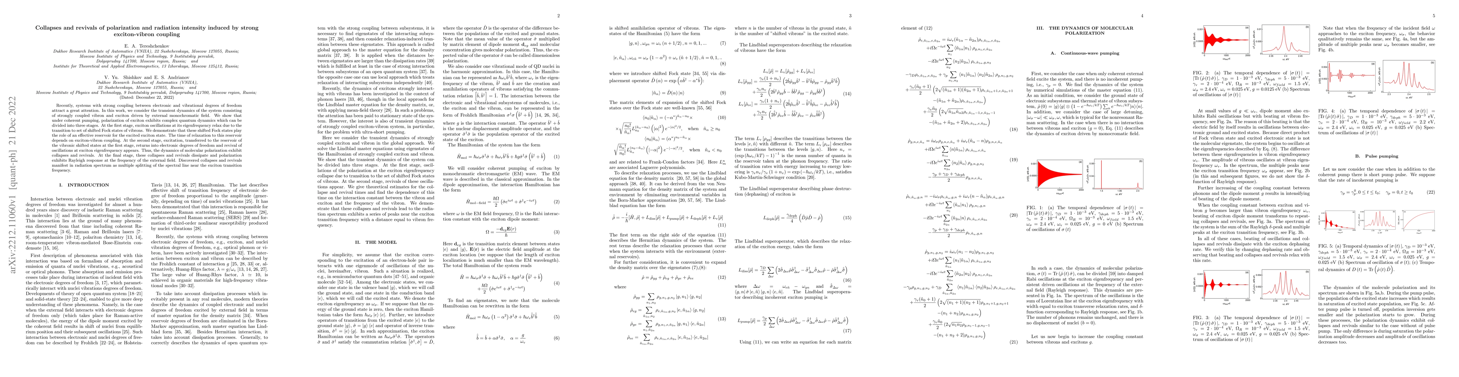 Thumbnail for Collapses and revivals of polarization and radiation intensity induced
  by strong exciton-vibron coupling