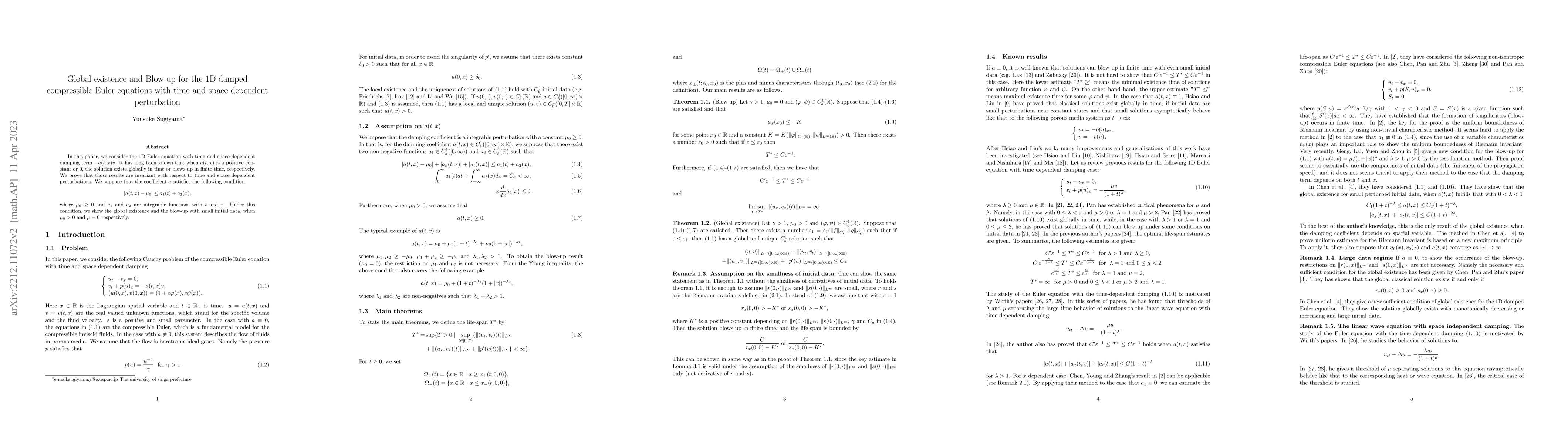 Thumbnail for Global existence and Blow-up for the 1D damped compressible Euler
  equations with time and space dependent perturbation