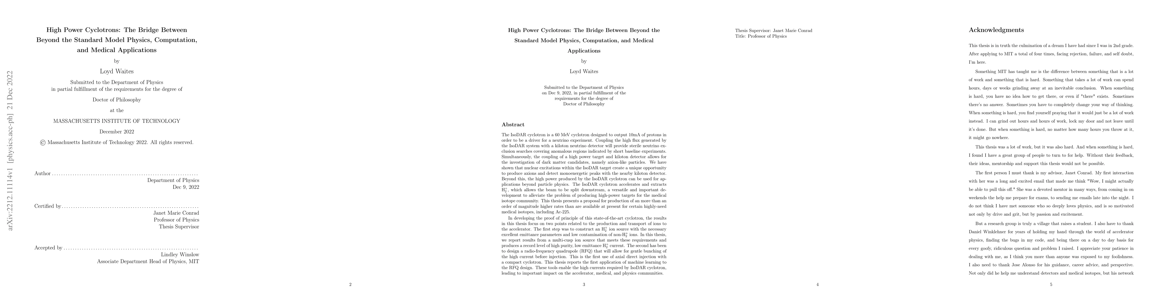 Thumbnail for High Power Cyclotrons: The Bridge Between Beyond the Standard Model
  Physics, Computation, and Medical Applications