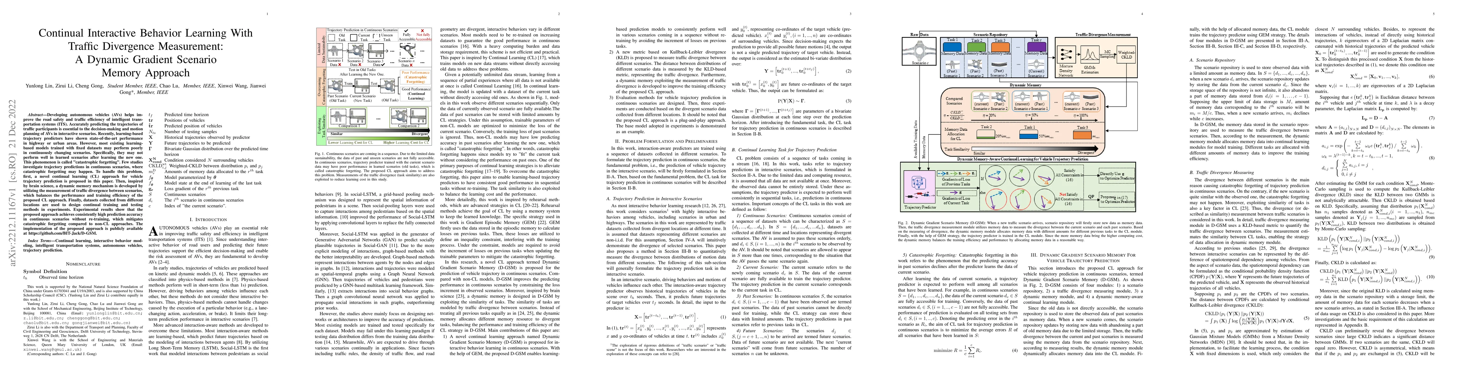 Thumbnail for Continual Interactive Behavior Learning With Traffic Divergence
  Measurement: A Dynamic Gradient Scenario Memory Approach