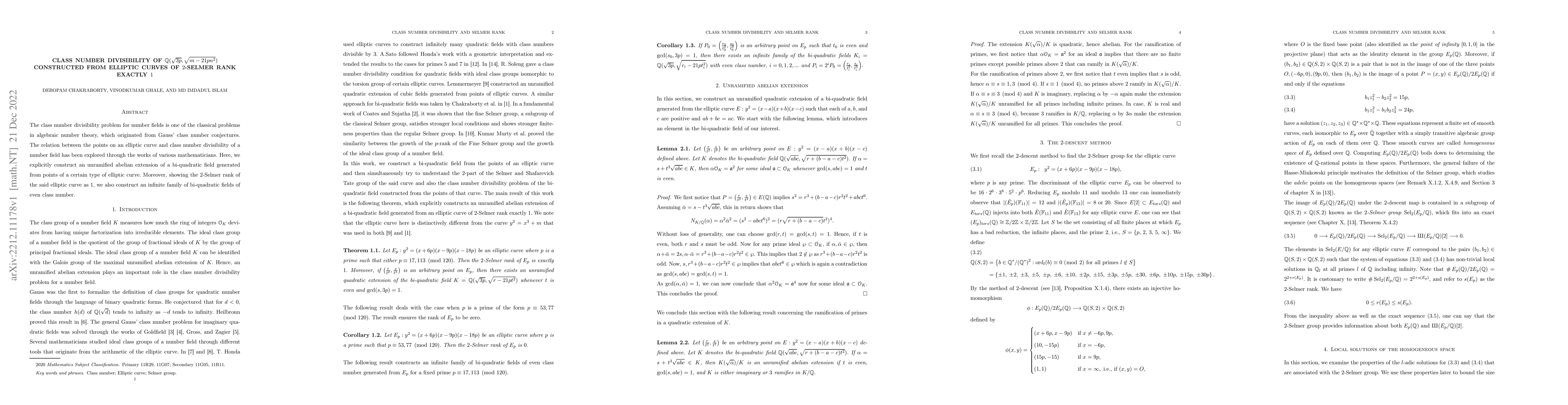 Thumbnail for Class number divisibility of $\mathbb{Q}(\sqrt{3p}, \sqrt{m-21pn^{2}})$
  constructed from elliptic curves of $2$-Selmer rank exactly $1$