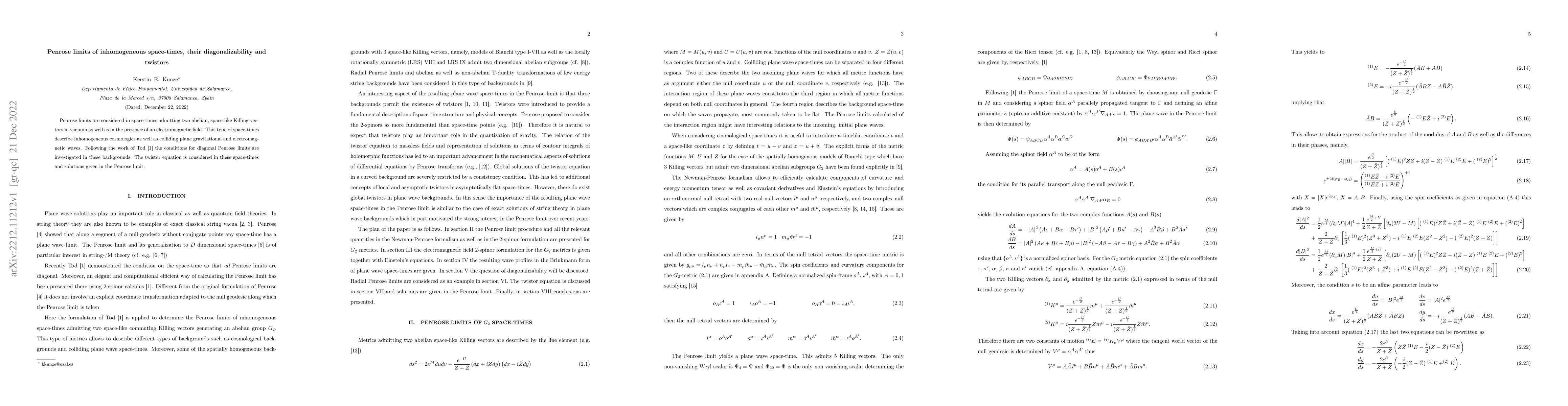 Thumbnail for Penrose limits of inhomogeneous space-times, their diagonalizability and
  twistors