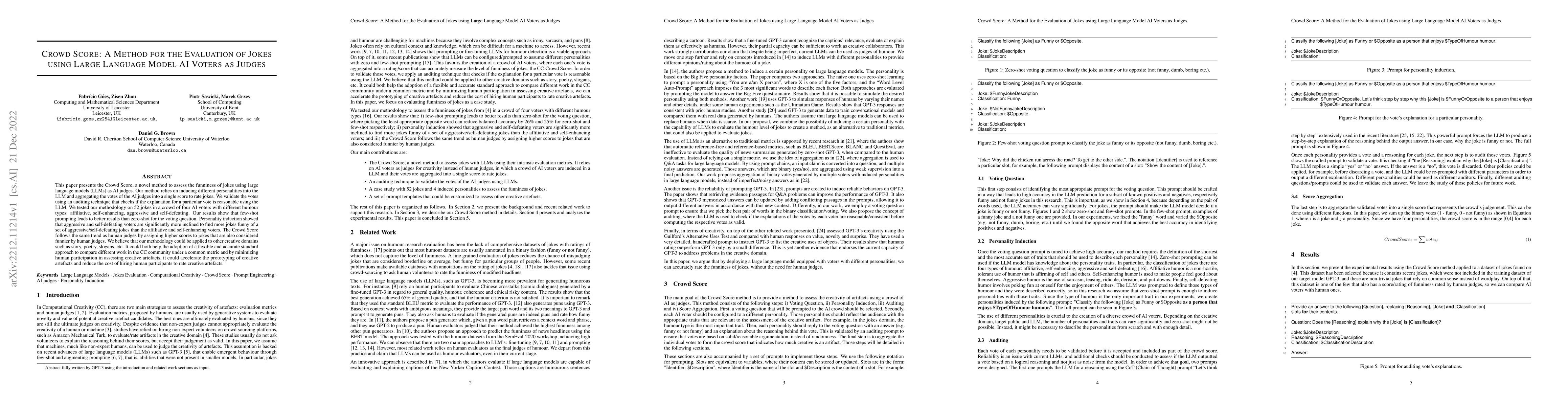 Thumbnail for Crowd Score: A Method for the Evaluation of Jokes using Large Language
  Model AI Voters as Judges