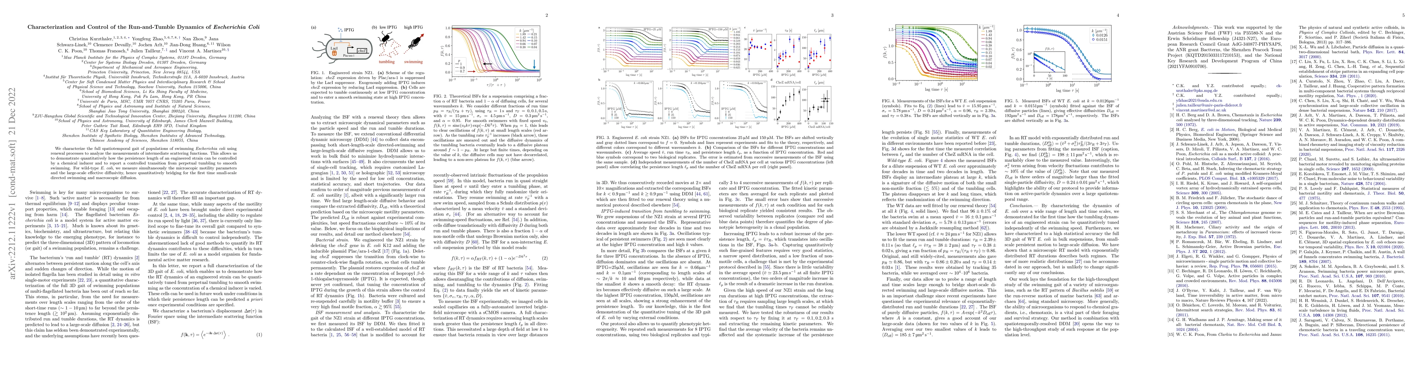 Thumbnail for Characterization and Control of the Run-and-Tumble Dynamics of {\it
  Escherichia Coli}