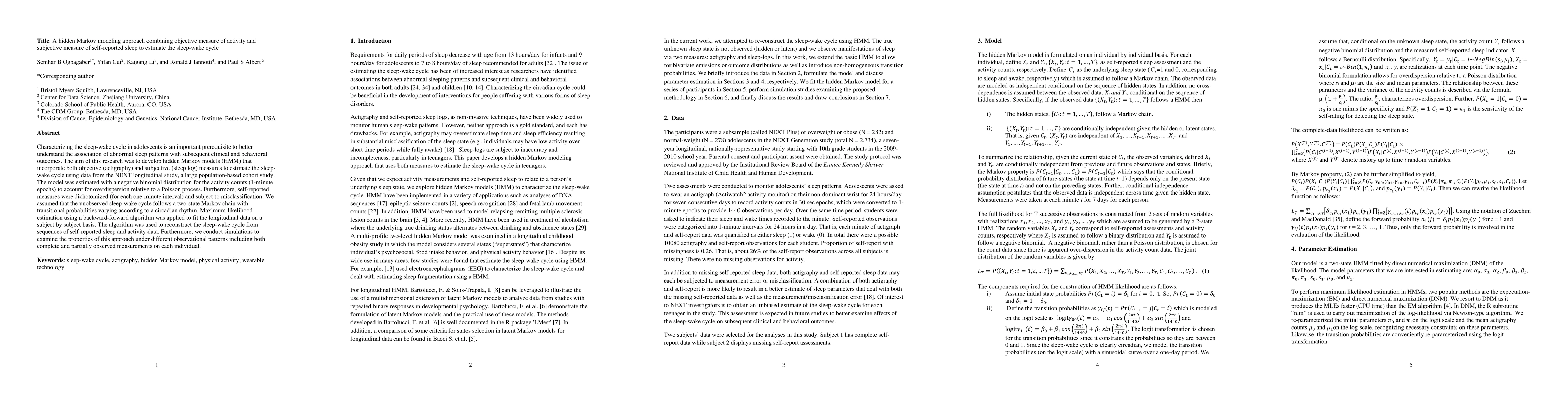 Thumbnail for A hidden Markov modeling approach combining objective measure of
  activity and subjective measure of self-reported sleep to estimate the
  sleep-wake cycle