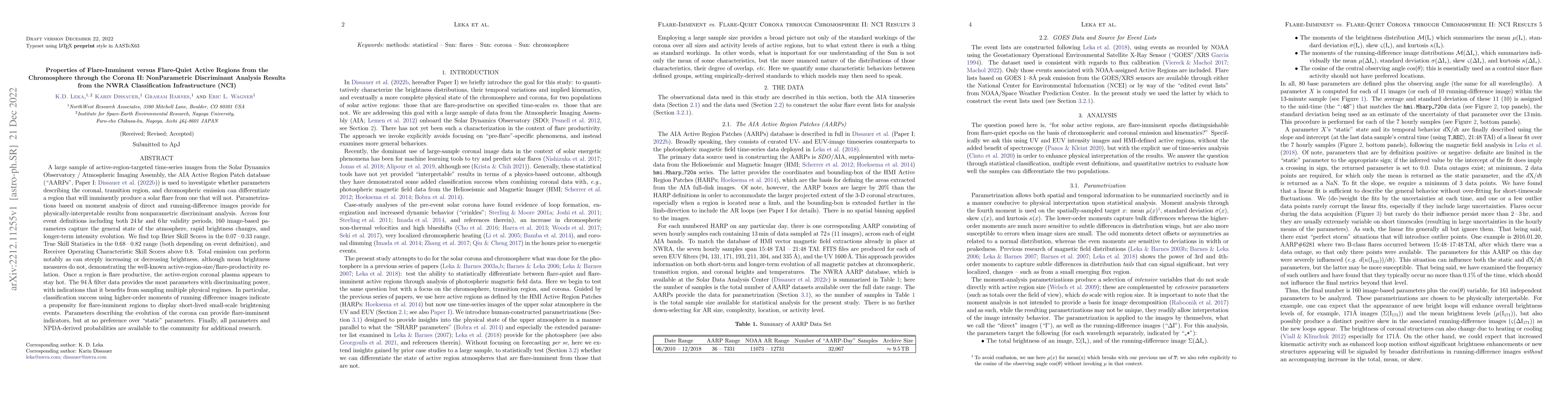 Thumbnail for Properties of Flare-Imminent versus Flare-Quiet Active Regions from the
  Chromosphere through the Corona II: NonParametric Discriminant Analysis
  Results from the NWRA Classification Infrastructure (NCI)