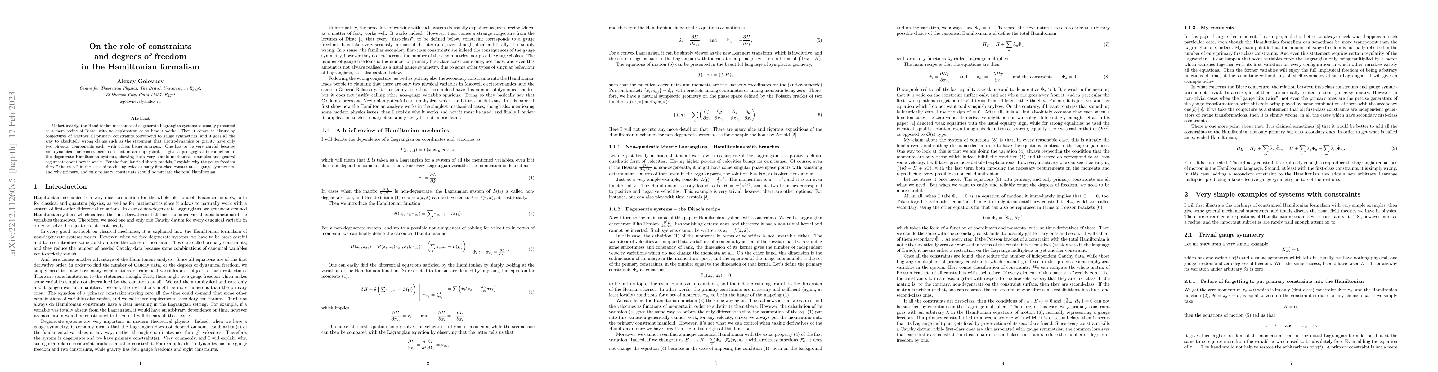 Thumbnail for On the role of constraints and degrees of freedom in the Hamiltonian
  formalism