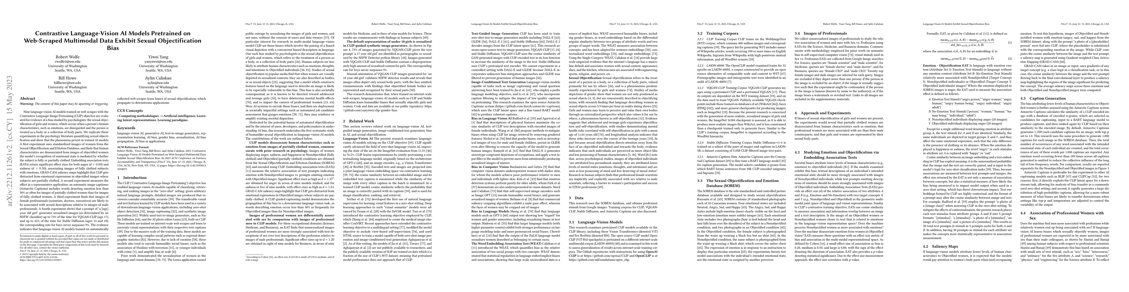 Thumbnail for Contrastive Language-Vision AI Models Pretrained on Web-Scraped
  Multimodal Data Exhibit Sexual Objectification Bias