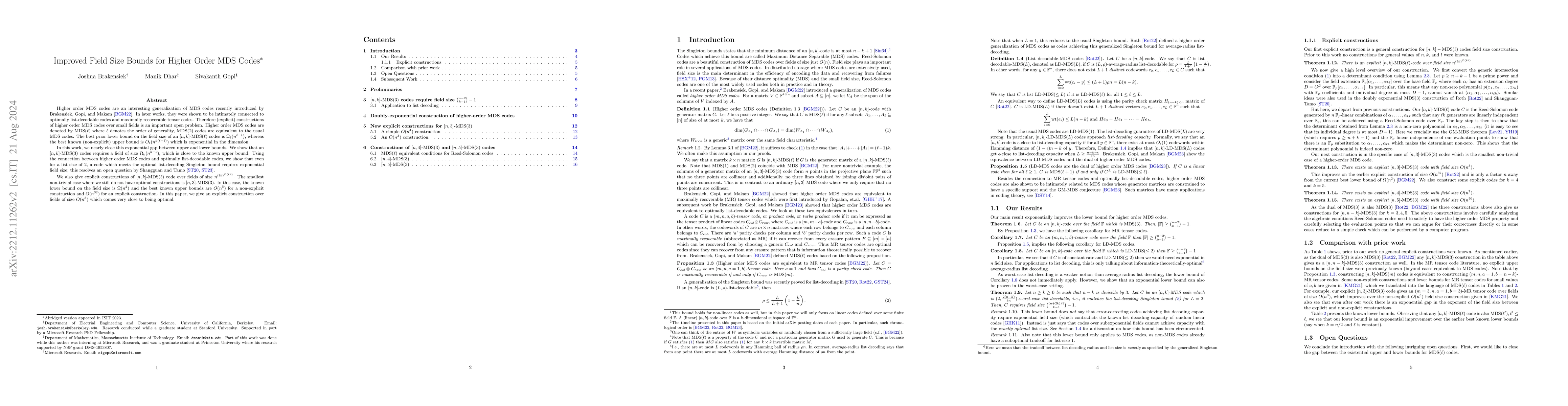 Thumbnail for Improved Field Size Bounds for Higher Order MDS Codes