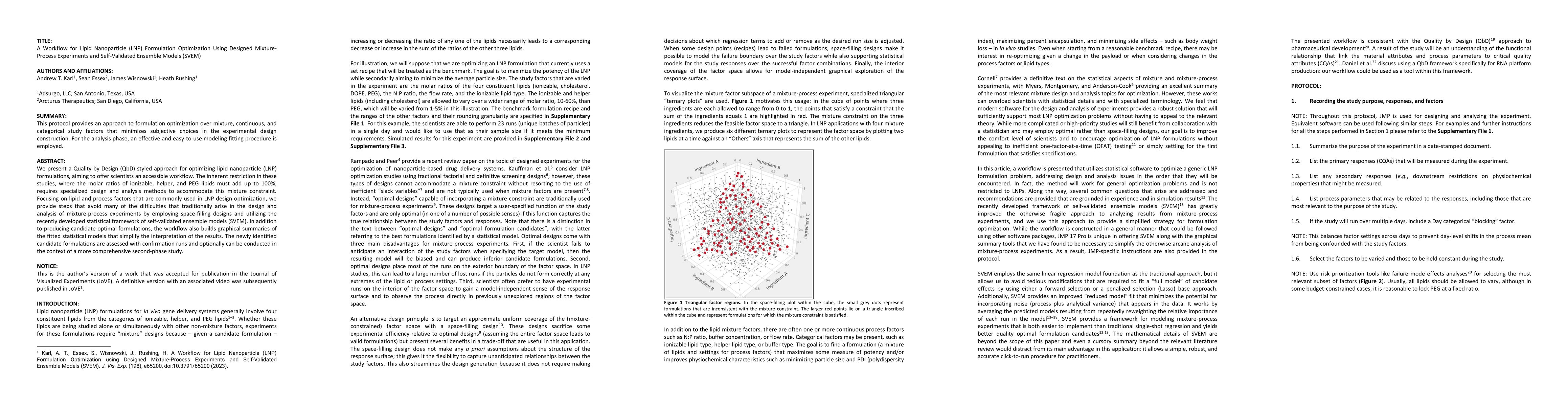 Thumbnail for A Workflow for Lipid Nanoparticle (LNP) Formulation Optimization Using
  Designed Mixture-Process Experiments and Self-Validated Ensemble Models
  (SVEM)