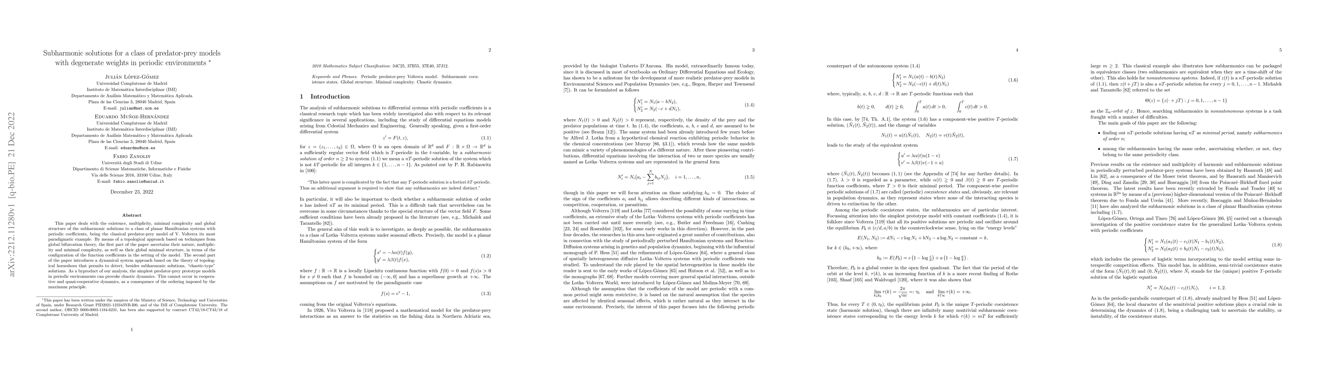 Thumbnail for Subharmonic solutions for a class of predator-prey models with
  degenerate weights in periodic environments