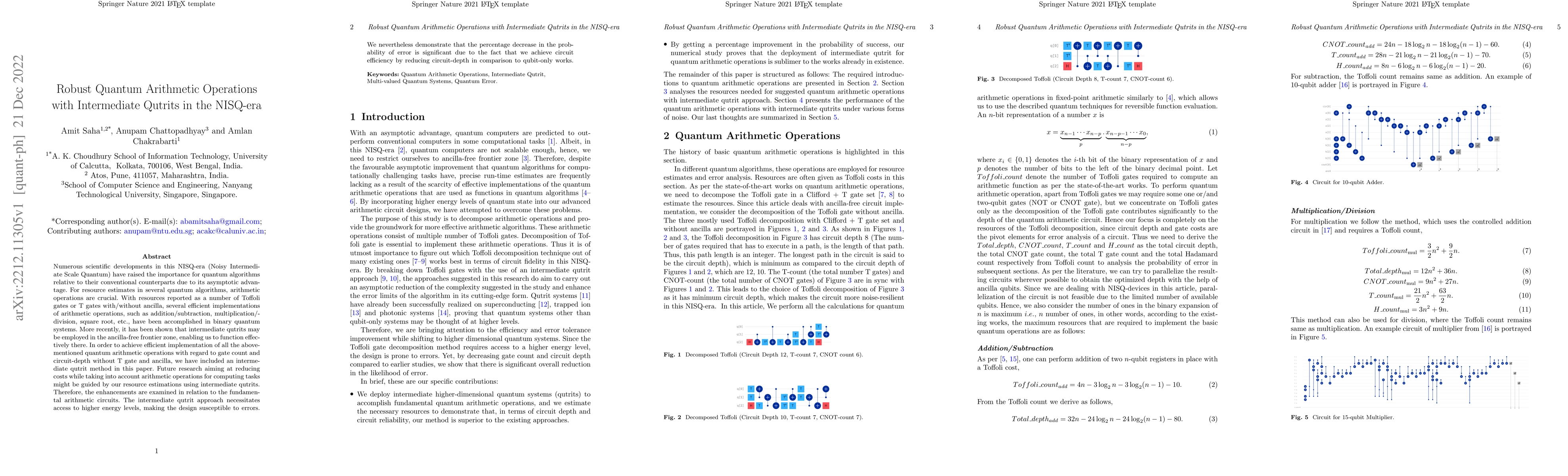 Thumbnail for Robust Quantum Arithmetic Operations with Intermediate Qutrits in the
  NISQ-era
