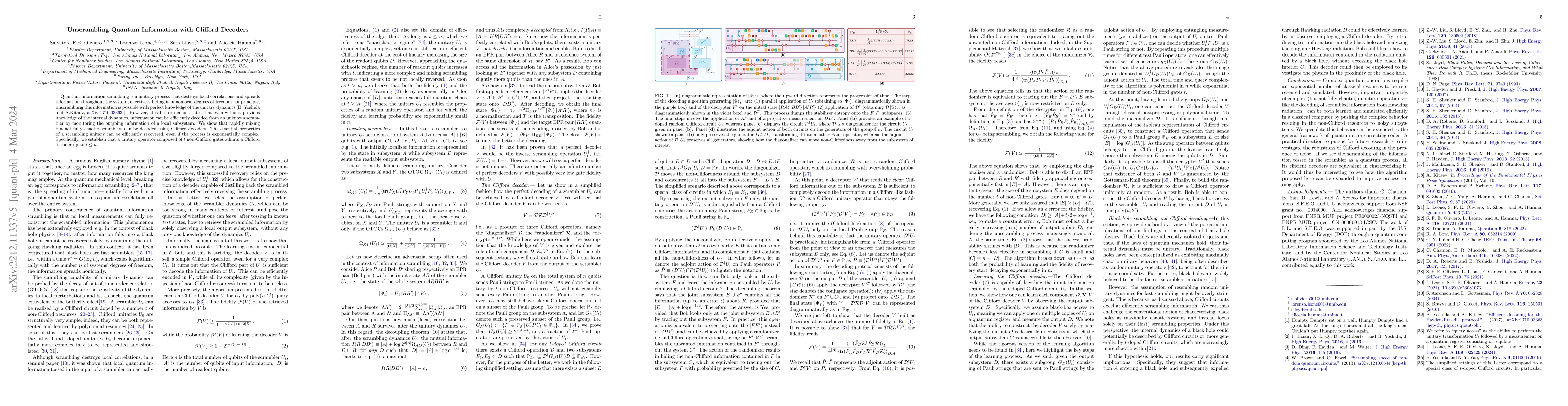 Thumbnail for Unscrambling Quantum Information with Clifford decoders