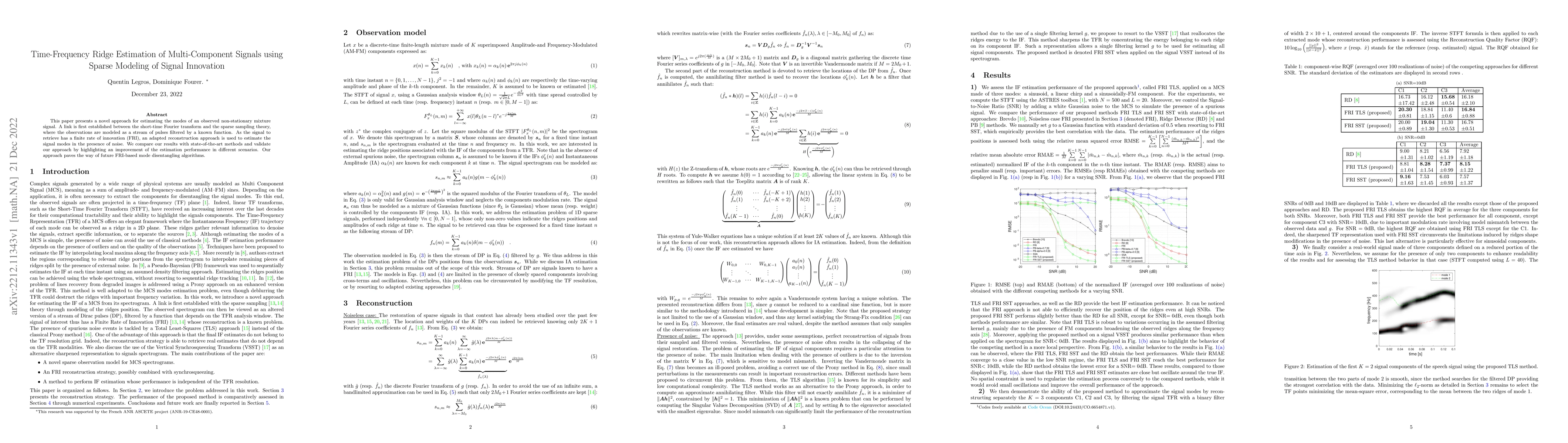 Thumbnail for Time-Frequency Ridge Estimation of Multi-Component Signals using Sparse
  Modeling of Signal Innovation