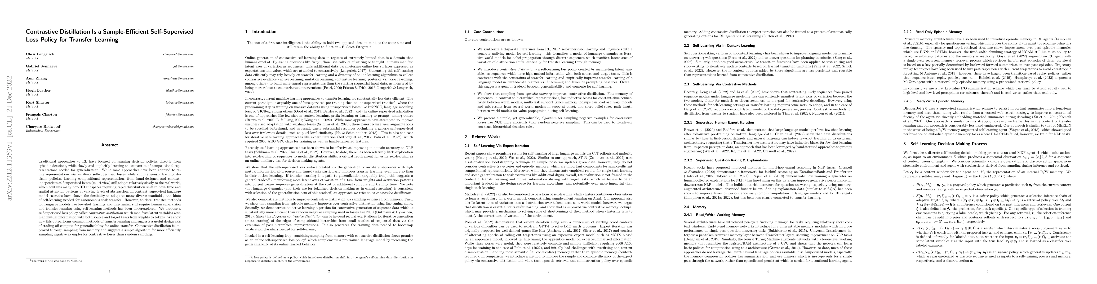 Thumbnail for Contrastive Distillation Is a Sample-Efficient Self-Supervised Loss
  Policy for Transfer Learning
