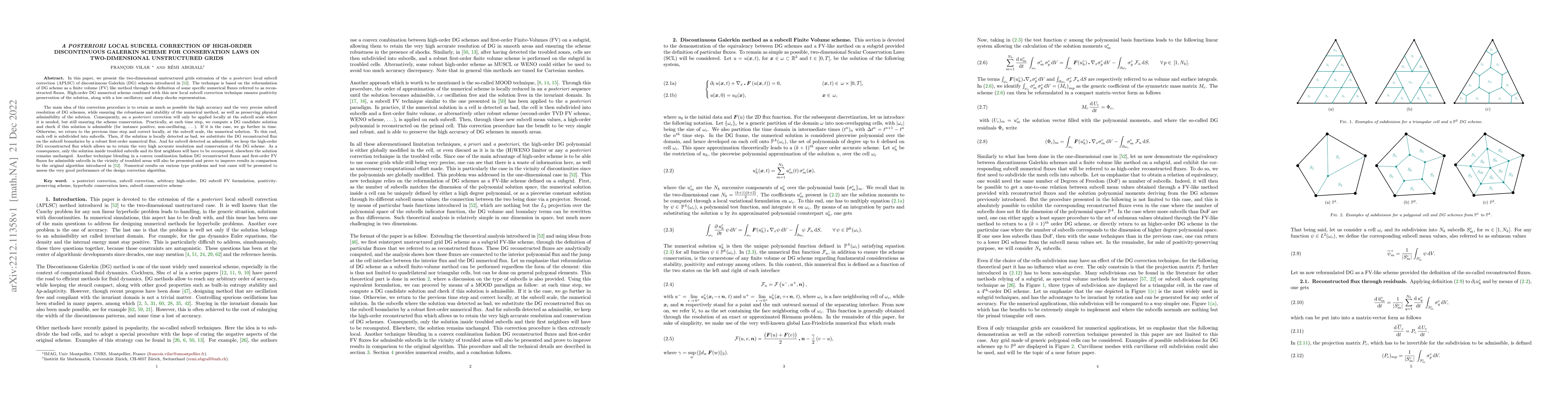 Thumbnail for \textit{A Posteriori} local subcell correction of high-order
  discontinuous Galerkin scheme for conservation laws on two-dimensional
  unstructured grids