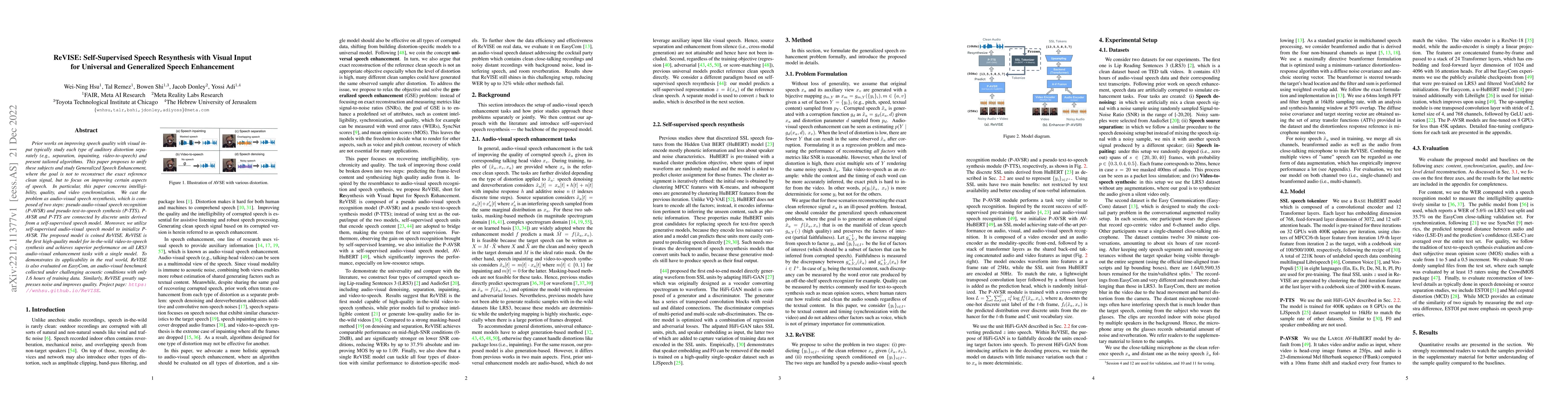 Thumbnail for ReVISE: Self-Supervised Speech Resynthesis with Visual Input for
  Universal and Generalized Speech Enhancement