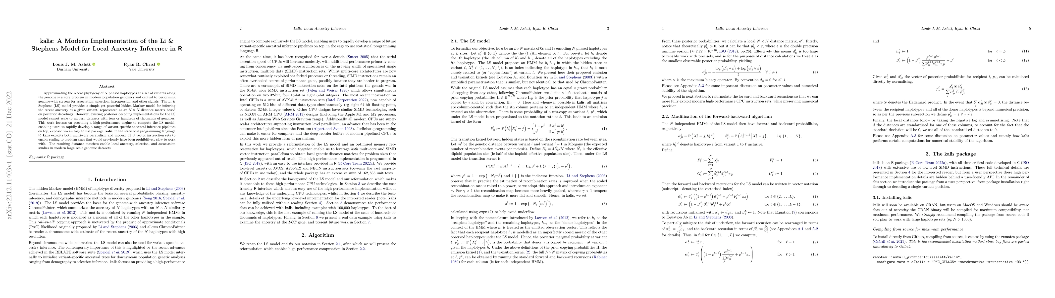 Thumbnail for kalis: A Modern Implementation of the Li & Stephens Model for Local
  Ancestry Inference in R