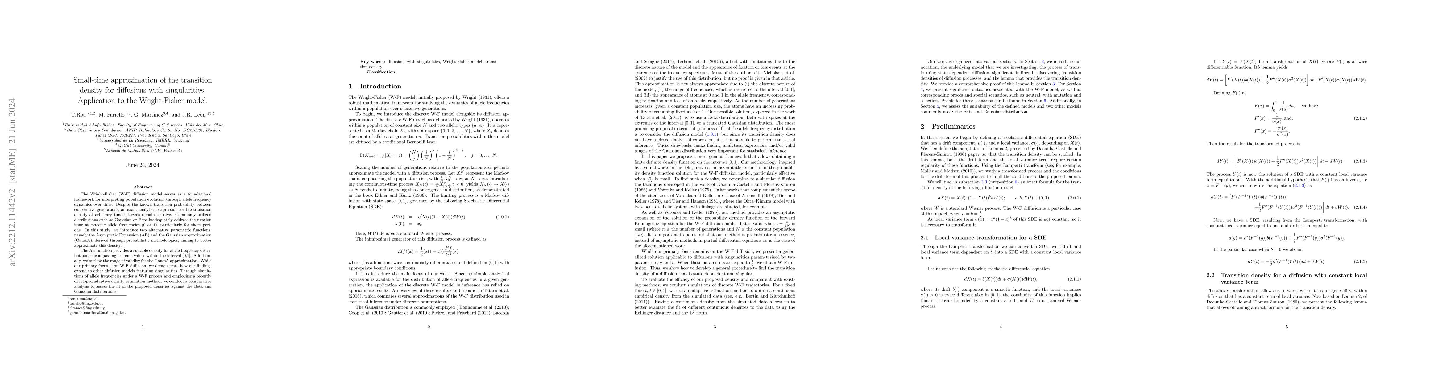 Thumbnail for Small-time approximation of the transition density for diffusions with
  singularities. Application to the Wright-Fisher model