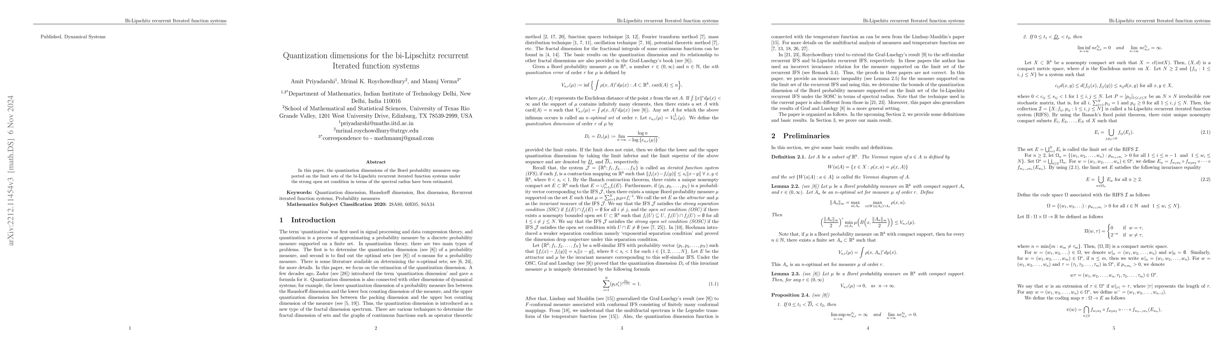 Thumbnail for Quantization dimensions for the bi-Lipschitz recurrent Iterated function
  systems