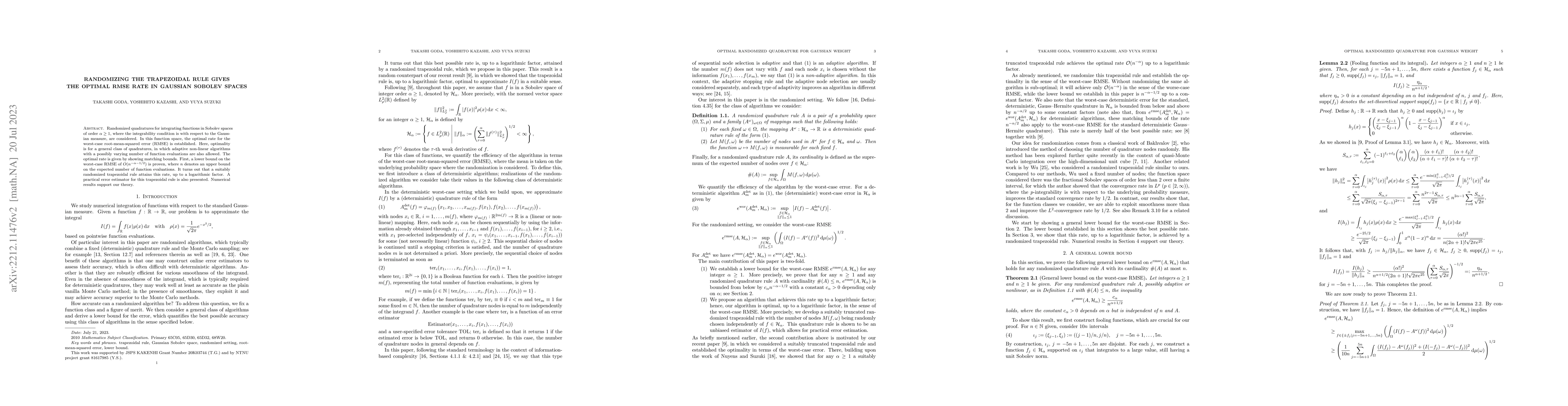 Thumbnail for Randomizing the trapezoidal rule gives the optimal RMSE rate in Gaussian
  Sobolev spaces