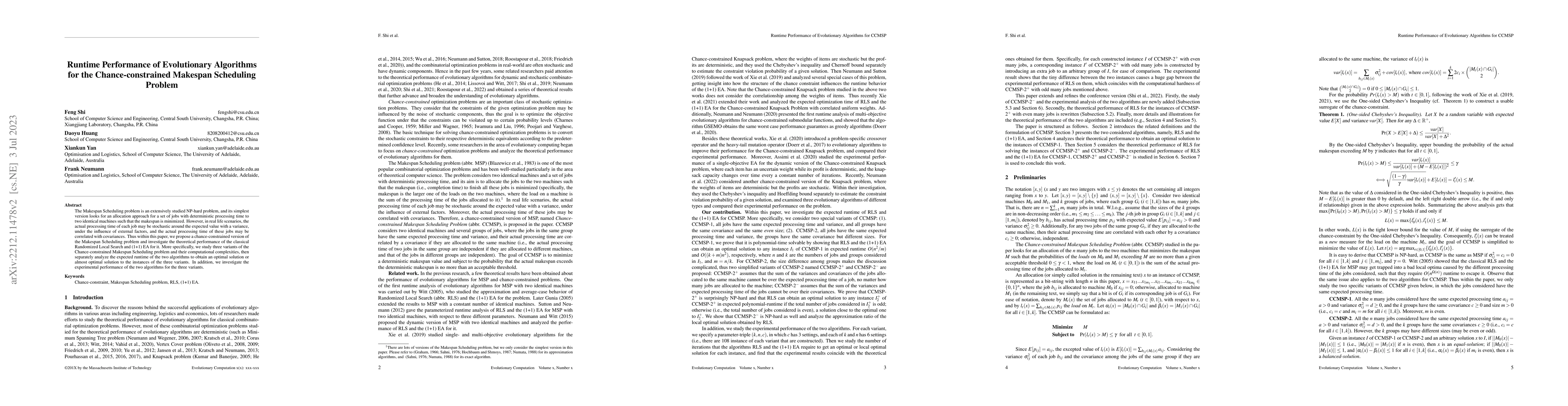 Thumbnail for Runtime Performance of Evolutionary Algorithms for the
  Chance-constrained Makespan Scheduling Problem