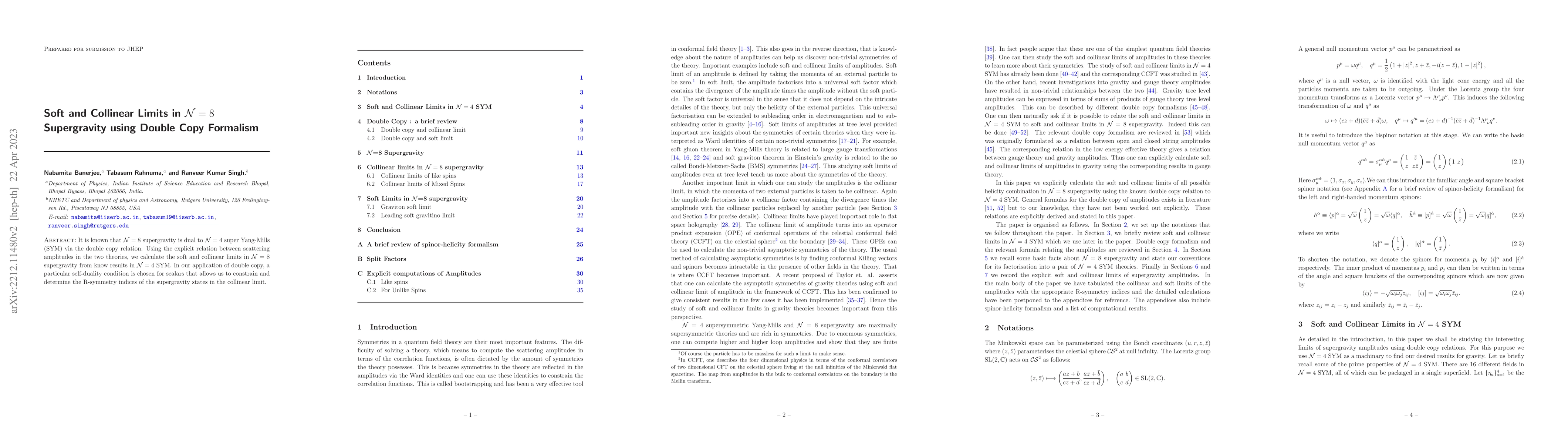 Thumbnail for Soft and Collinear Limits in $\mathcal{N}=8$ Supergravity using Double
  Copy Formalism