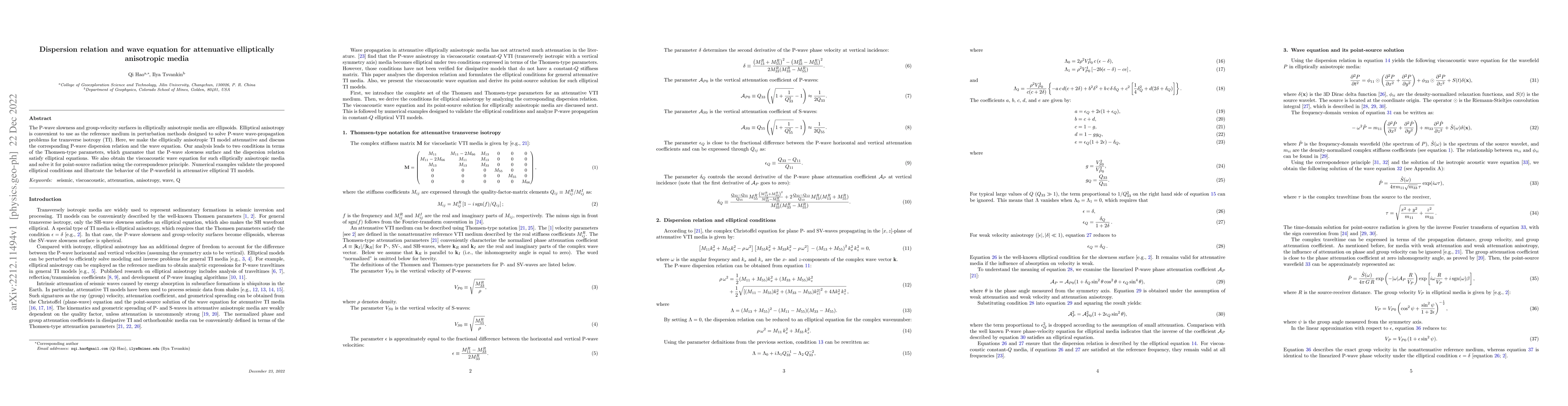 Thumbnail for Dispersion relation and wave equation for attenuative elliptically
  anisotropic media
