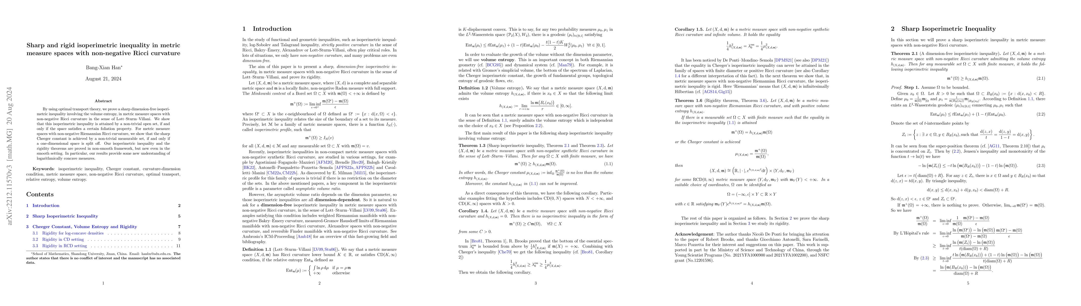 Thumbnail for Sharp and rigid isoperimetric inequality in metric measure spaces with
  non-negative Ricci curvature