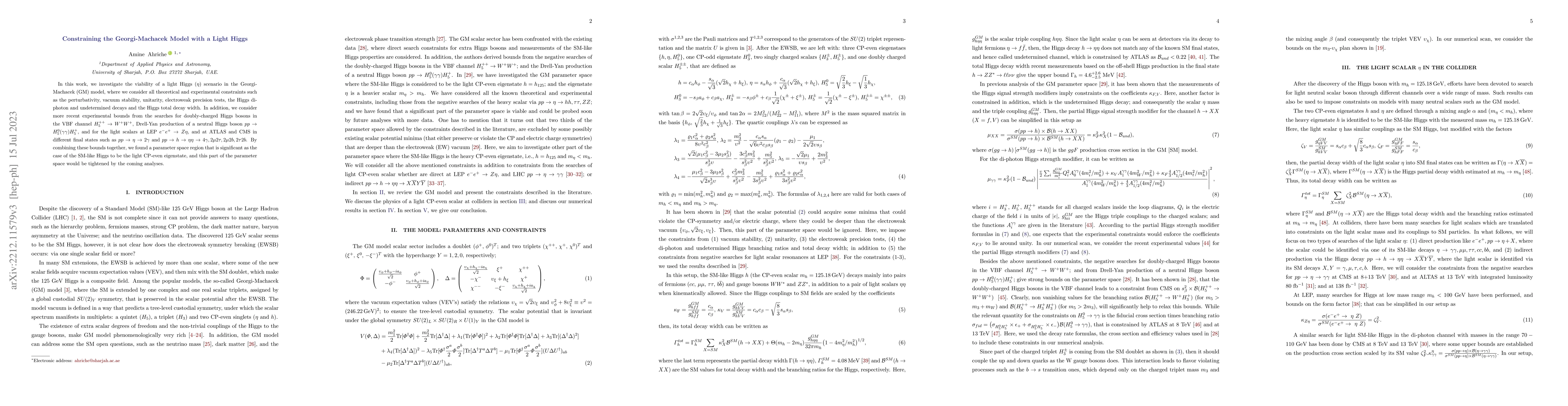 Thumbnail for Constraining the Georgi-Machacek Model with a Light Higgs