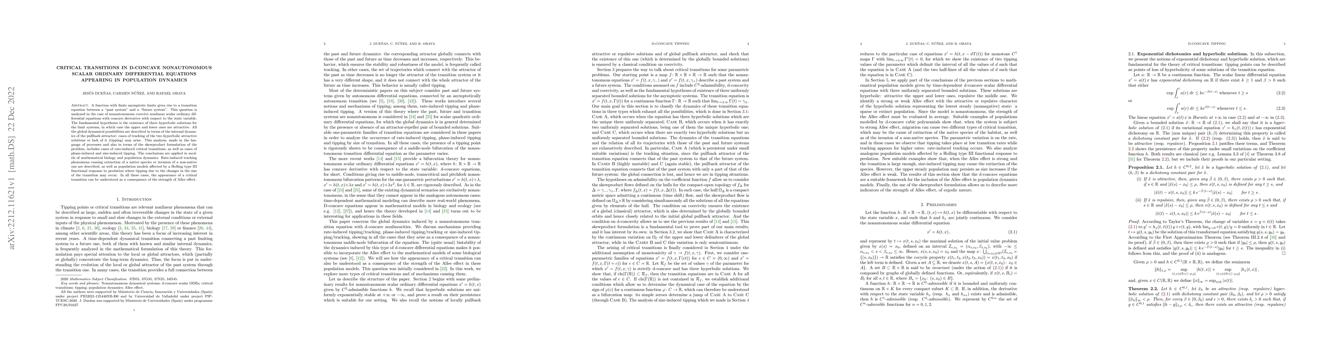 Thumbnail for Critical Transitions in D-Concave Nonautonomous Scalar Ordinary
  Differential Equations Appearing in Population Dynamics