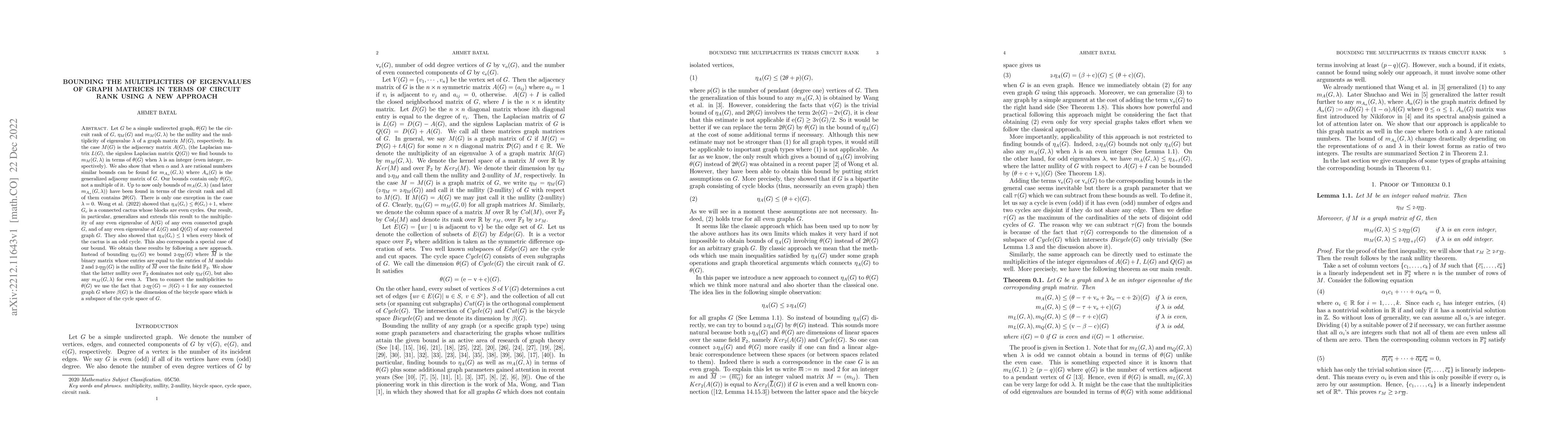 Thumbnail for Bounding the multiplicities of eigenvalues of graph matrices in terms of
  circuit rank using a new approach