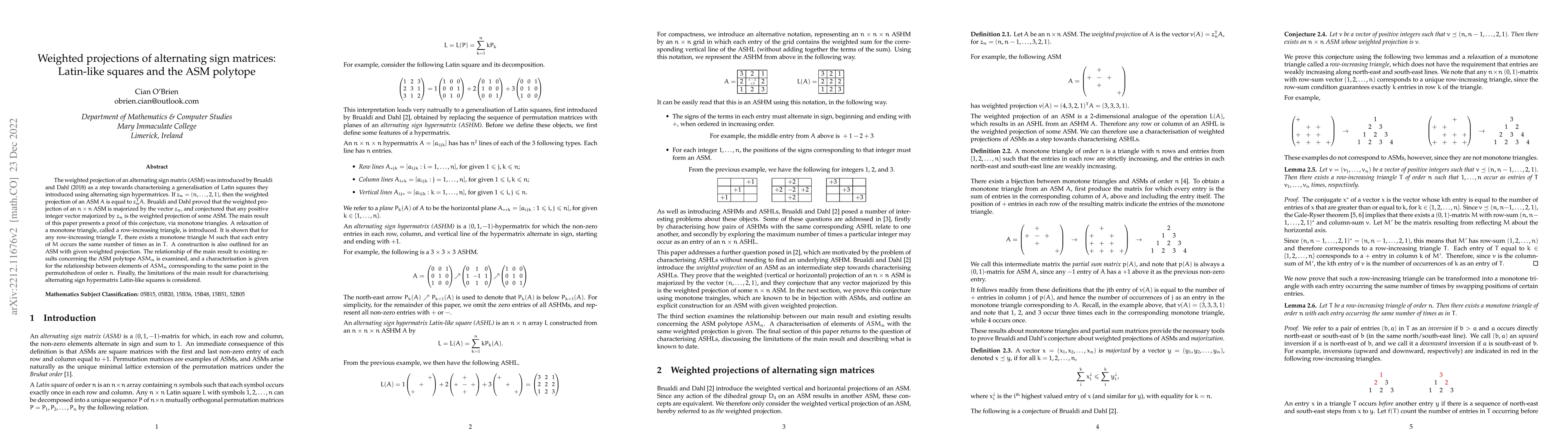 Thumbnail for Weighted projections of alternating sign matrices: Latin-like squares
  and the ASM polytope