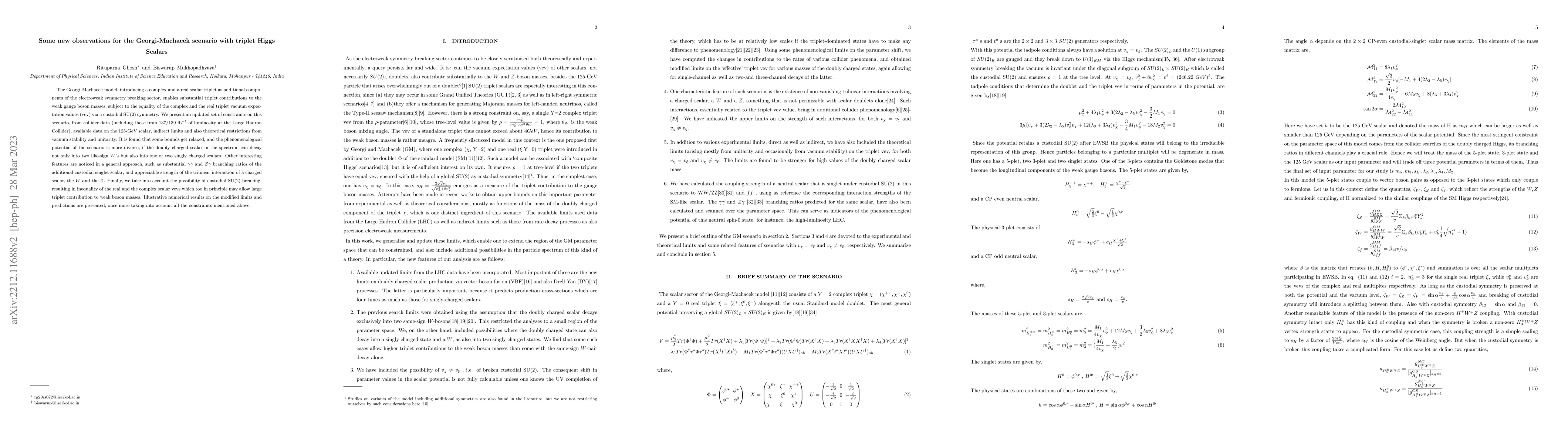 Thumbnail for Some new observations for the Georgi-Machacek scenario with triplet
  Higgs
