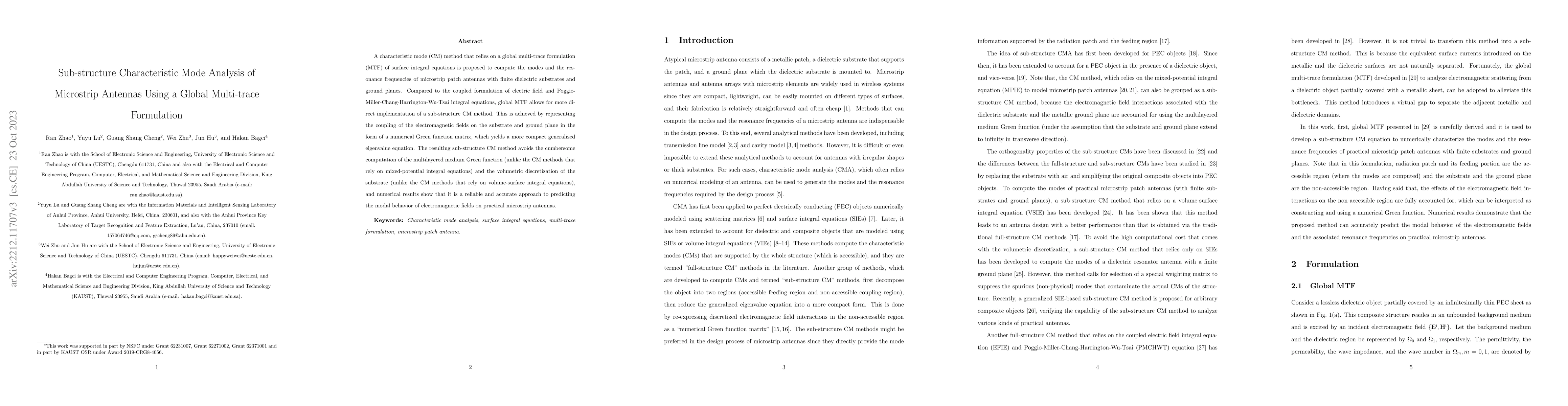 Thumbnail for Sub-structure characteristic mode analysis of microstrip antennas using
  a global multi-trace formulation