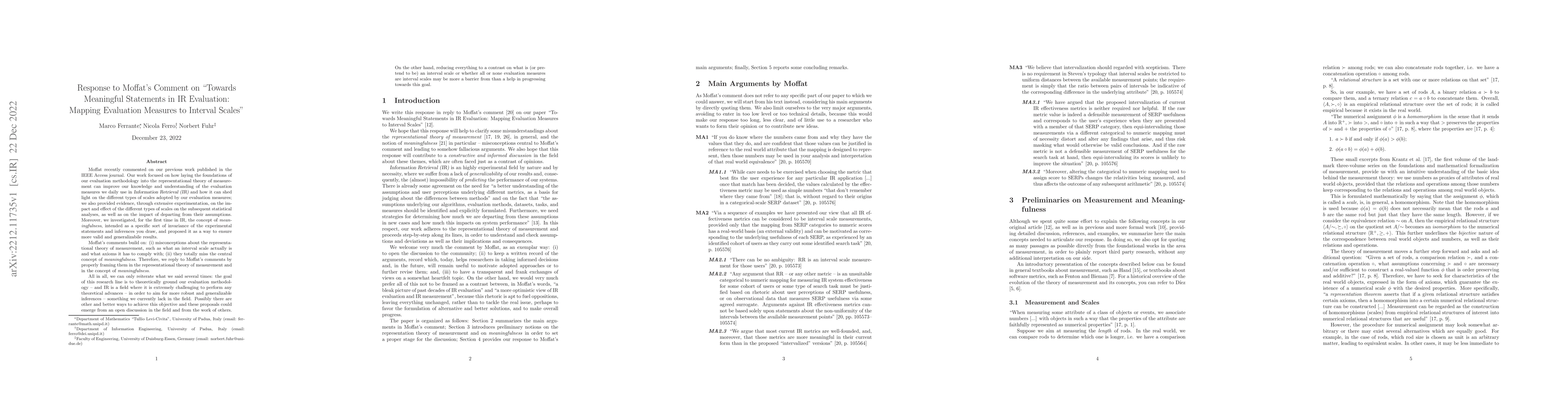 Thumbnail for Response to Moffat's Comment on "Towards Meaningful Statements in IR
  Evaluation: Mapping Evaluation Measures to Interval Scales"