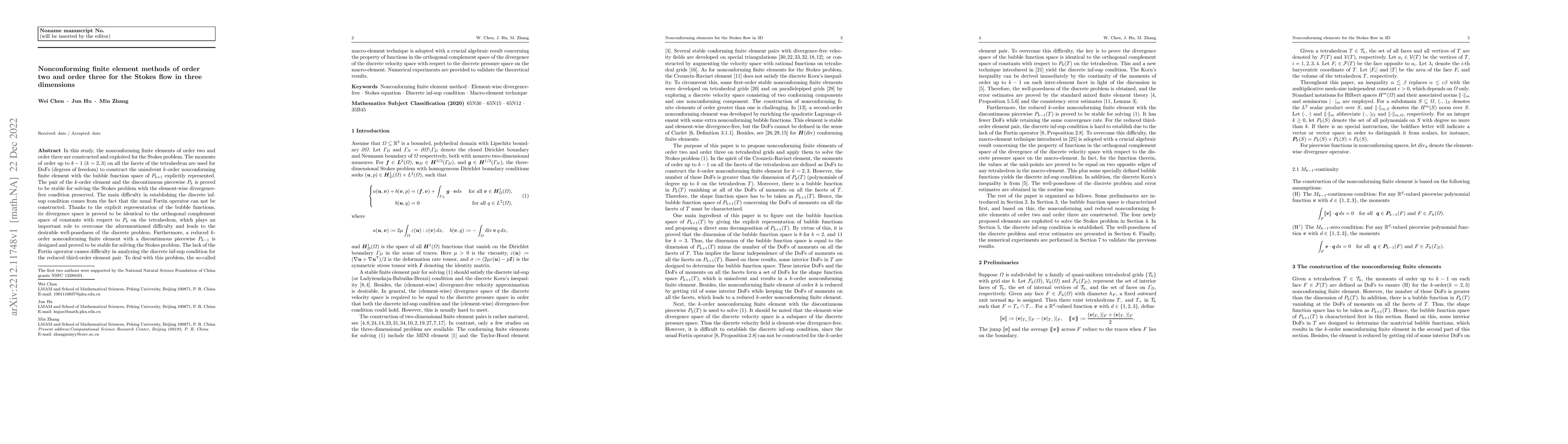 Thumbnail for Nonconforming finite element methods of order two and order three for
  the Stokes flow in three dimensions
