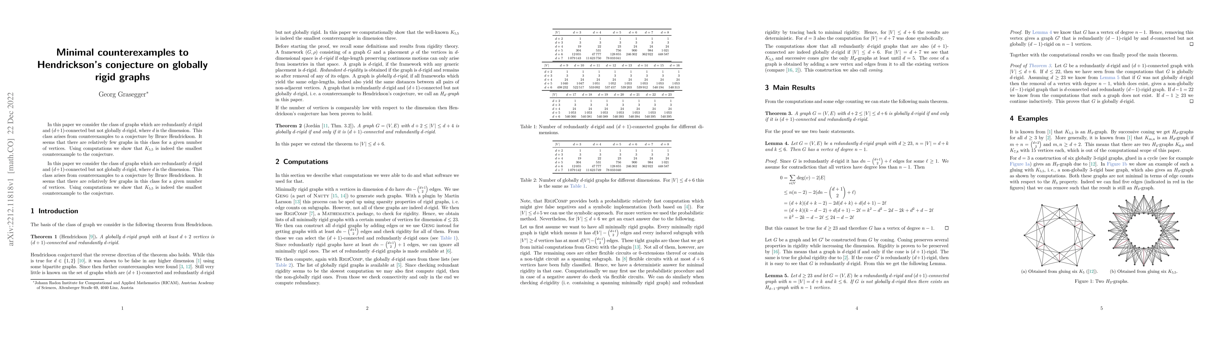Thumbnail for Minimal counterexamples to Hendrickson's conjecture on globally rigid
  graphs