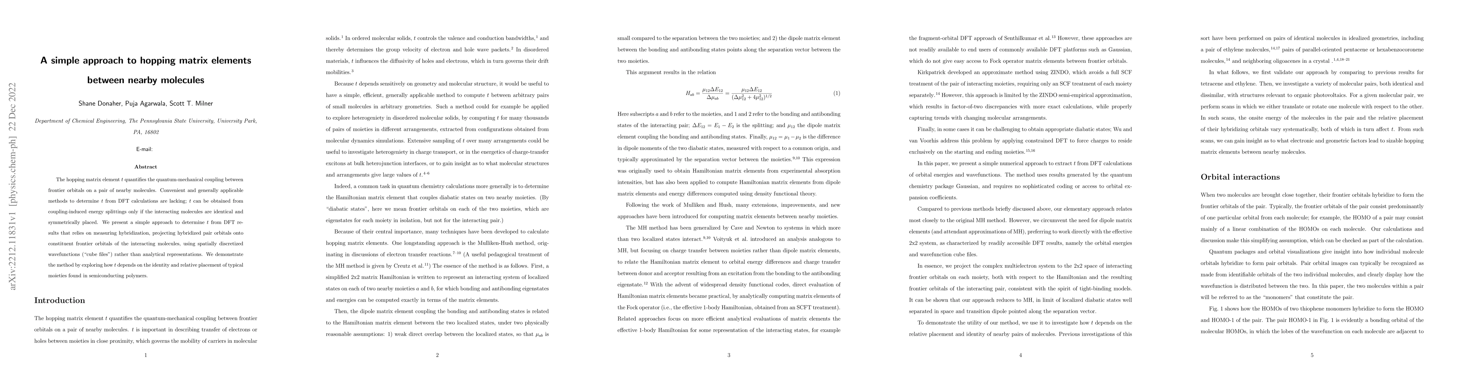 Thumbnail for A simple approach to hopping matrix elements between nearby molecules