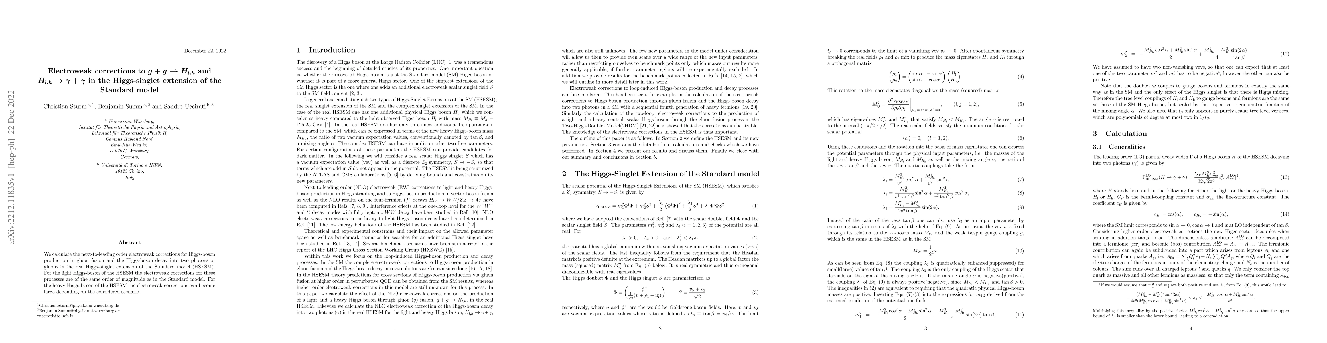 Thumbnail for Electroweak corrections to $g+g\to H_{l,h}$ and
  $H_{l,h}\to\gamma+\gamma$ in the Higgs-singlet extension of the Standard
  model