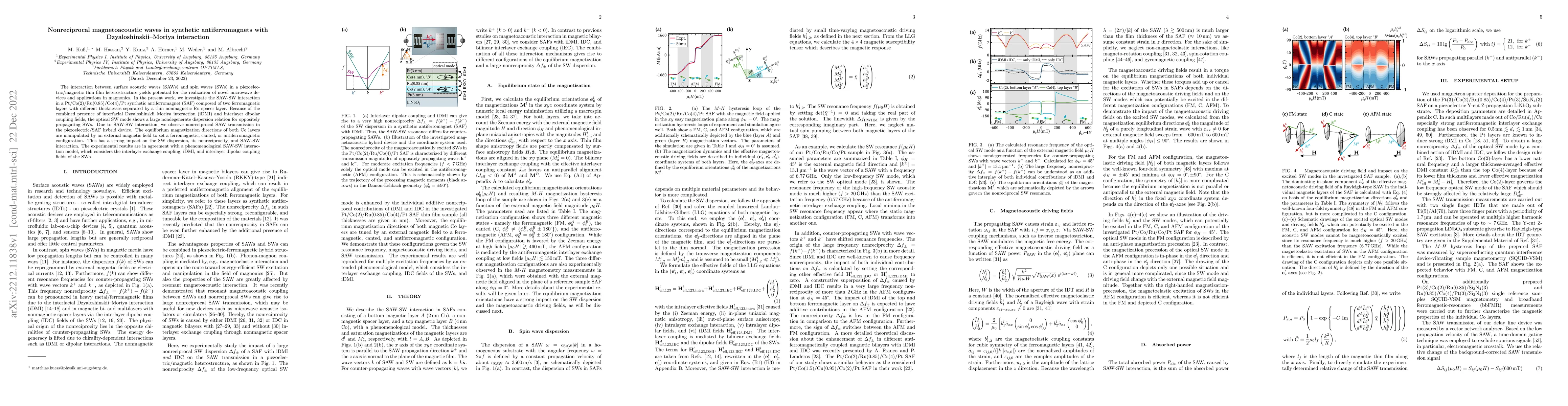 Thumbnail for Nonreciprocal magnetoacoustic waves in synthetic antiferromagnets with
  Dzyaloshinskii-Moriya interaction