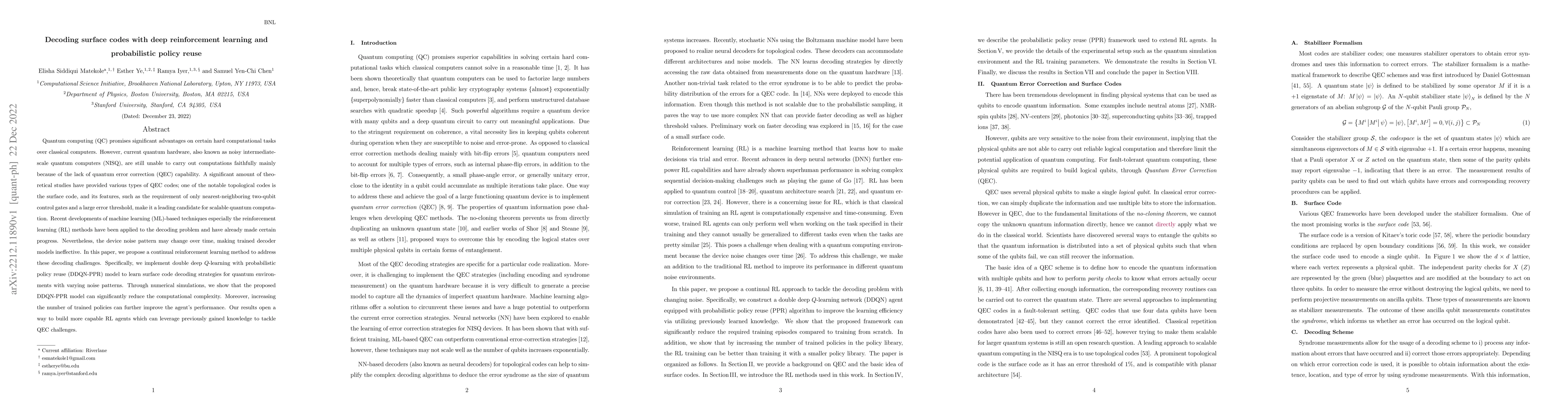 Thumbnail for Decoding surface codes with deep reinforcement learning and
  probabilistic policy reuse