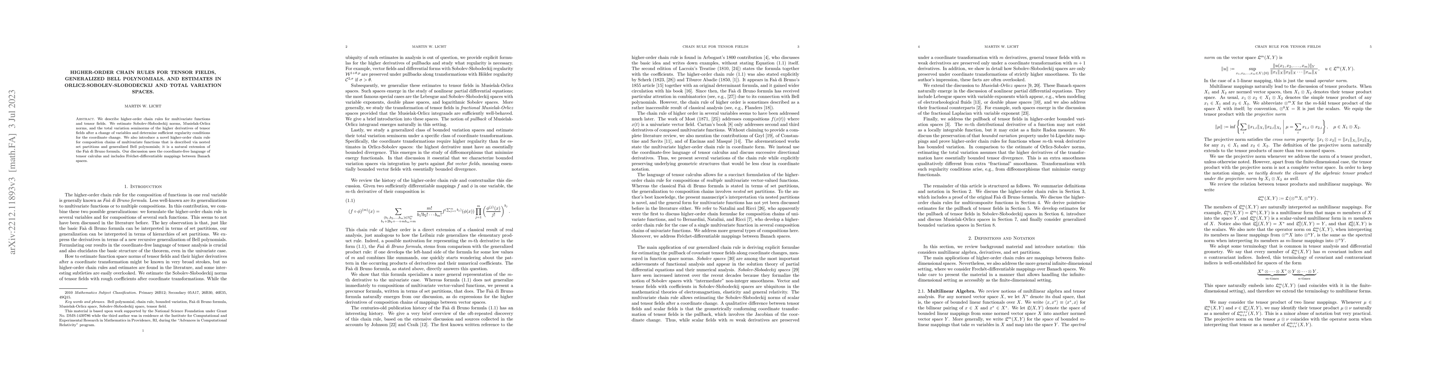 Thumbnail for Higher-order chain rules for tensor fields, generalized Bell
  polynomials, and estimates in Orlicz-Sobolev-Slobodeckij and bounded
  variation spaces